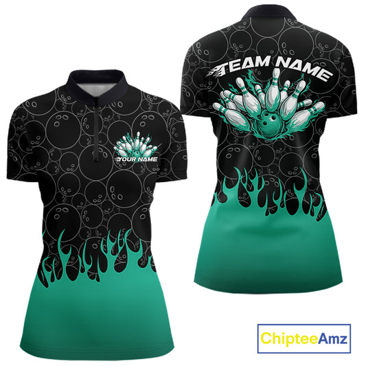 Front and back view of a black bowling quarter-zip shirt mockup with vibrant turquoise flames rising from the bottom, featuring flaming bowling ball design and dynamic bowling action graphics.