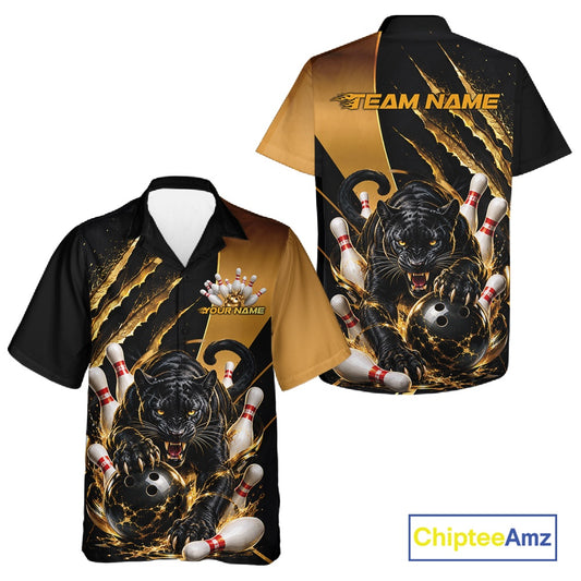 Custom bowling-themed short-sleeve V-neck t-shirt shown from both front and back views. The design features a black and gold color scheme with a roaring black panther biting a bowling ball surrounded by bowling pins, with 'TEAM NAME' printed on the back.