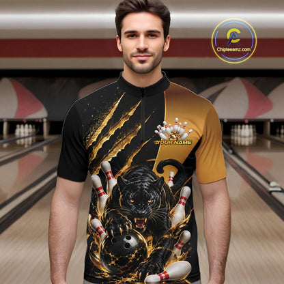Custom Black And Gold Claw Marks Black Panther Men Bowling Quarter Zip Team Shirt IPHW11631