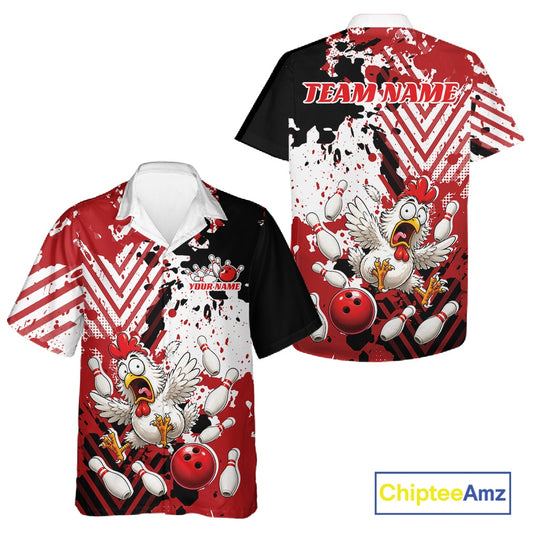 Front and back views of a short-sleeve bowling-themed shirt with a red, white, and black splatter design, cartoon chicken and bowling ball graphics, and customizable team name text on the back.