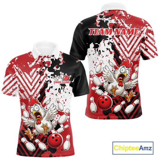 Front and back views of a short-sleeve bowling-themed graphic polo shirt. The shirt features a red, black, and white splatter design with cartoon chickens, bowling balls, and bowling pins.