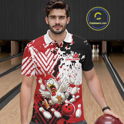 Custom Funny Chicken Bowling Team Shirt For Men, Red Splatter Chicken Bowling Jerseys IPHW11634