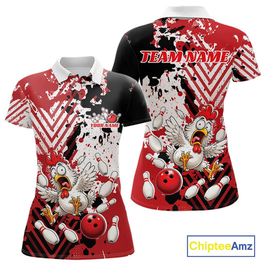 A women's short-sleeve polo shirt shown from the front and back, featuring a bold red, black, and white splatter design with cartoon chickens, bowling balls, bowling pins, and bowling holes. The back has 'TEAM NAME' printed across the shoulders, and the front has 'YOUR NAME' on the chest.