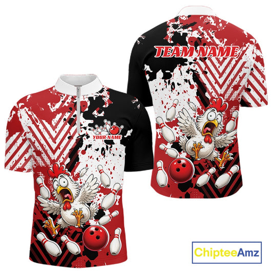 A short-sleeve bowling-themed polo shirt shown from both front and back on a white background. The shirt features a red, black, and white splatter design with cartoon chickens, bowling balls, and bowling pins.