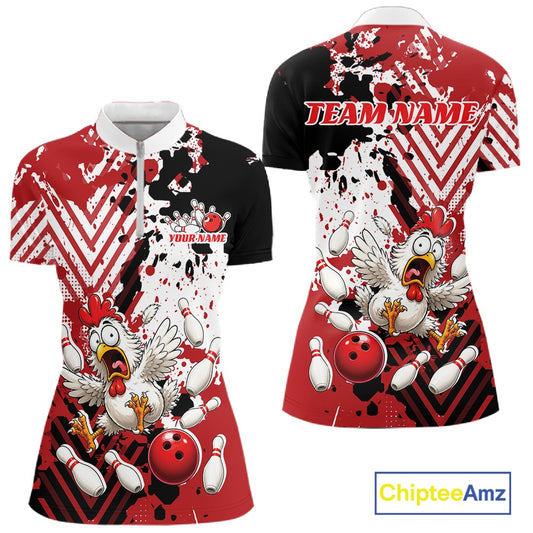 Front and back views of a short-sleeve bowling-themed polo shirt with a red, black, and white splatter design, cartoon rooster graphics, bowling pins, and bowling balls, plus customizable text areas.