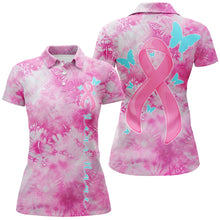 Load image into Gallery viewer, Pink Tie Dye Pink Ribbon And Butterfly Custom Breast Cancer Awareness Polo Shirts For Women IPHW7124