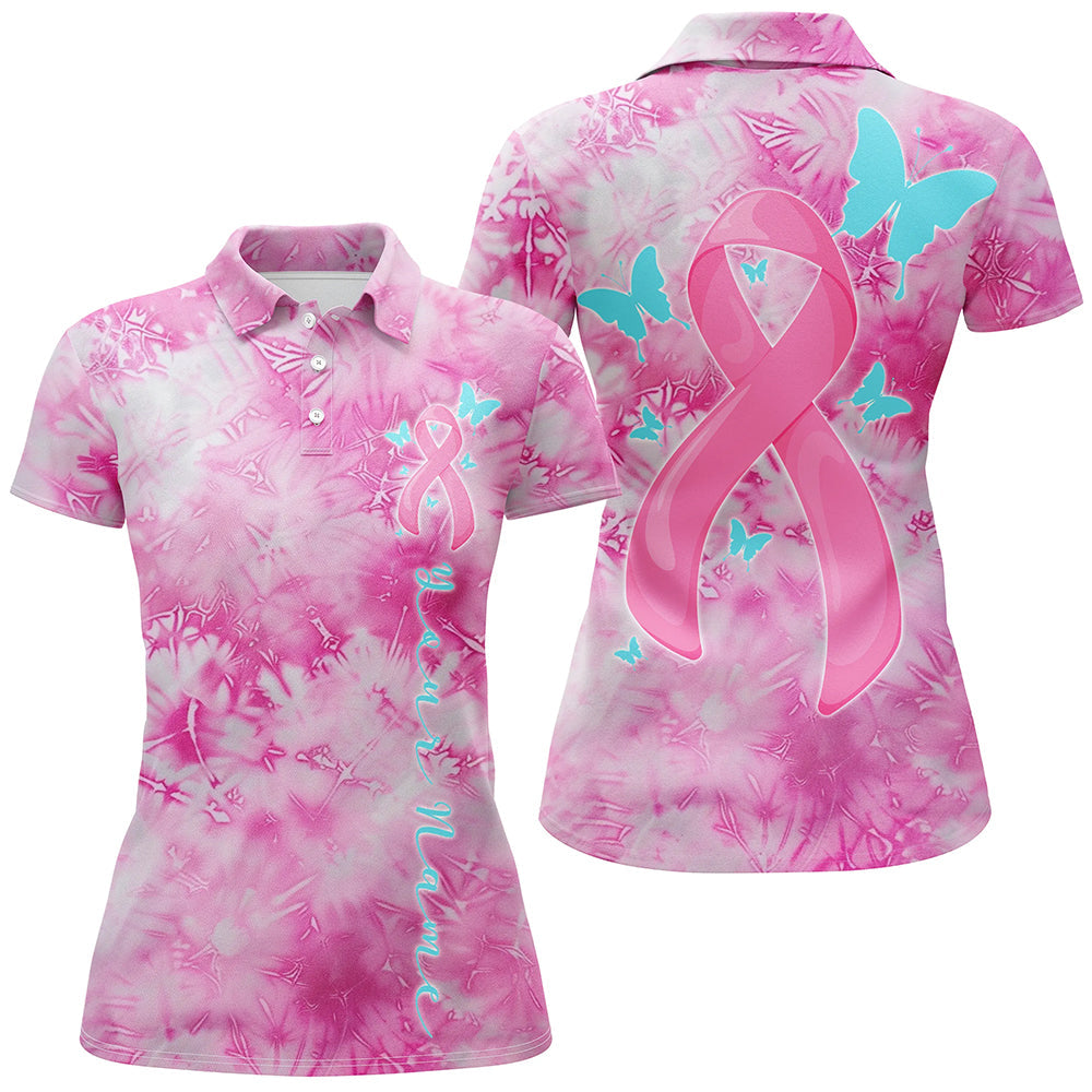 Pink Tie Dye Pink Ribbon And Butterfly Custom Breast Cancer Awareness Polo Shirts For Women IPHW7124