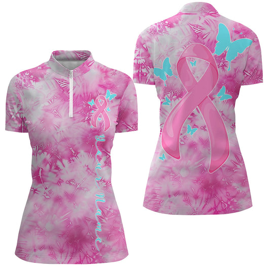 Pink Tie Dye Pink Ribbon And Butterfly Custom Breast Cancer Awareness Polo Shirts For Women IPHW7124