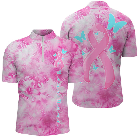 Pink Tie Dye Camo Pink Ribbon And Butterfly Custom Breast Cancer Awareness Polo Shirts For Men IPHW7124