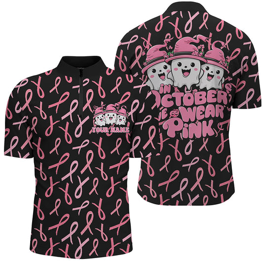 Custom Cute Funny Halloween Breast Cancer Polo Shirts For Men "In October We Wear Pink" IPHW7125