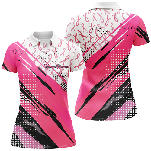 Customized Name Pink Ribbon Breast Cancer Awareness Polo Shirts For Women Outfits IPHW7126