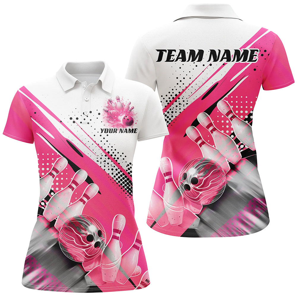 Custom Pink Bowling Polo Shirts For Women, Bowling Team Shirts Bowling Jerseys With Name IPHW7128