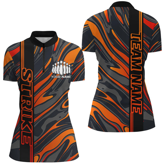 Custom Orange Camo Strike Bowling Quarter-Zip Shirts For Women, Striking Bowling Team Uniform IPHW8139