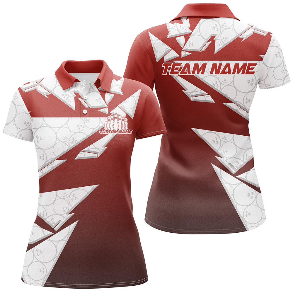 Custom White And Red Bowling Polo Shirts For Women, Bowling League Shirt IPHW8145