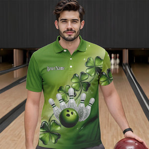 Custom Green Shamprock Saint Patricks Bowling Polo Shirts For Men, Lucky Bowling Team Shirt IPHW8578