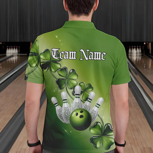 Custom Green Shamprock Saint Patricks Bowling Polo Shirts For Men, Lucky Bowling Team Shirt IPHW8578