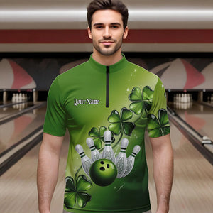 Custom Green Shamprock Saint Patricks Bowling Quarter-Zip Shirts For Men, Lucky Bowling Team Shirt IPHW8578