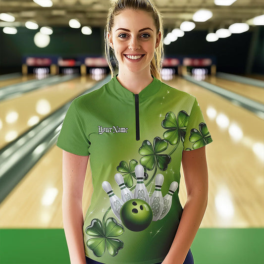 Custom Green Shamprock Saint Patricks Bowling Womens Quarter-Zip Shirt, Lucky Bowling Shirt IPHW8578