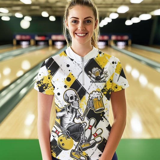 Custom Yellow Argyle Pattern Funny Skeleton Bowling And Beer Women Quarter-Zip Shirts IPHW8892