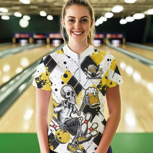 Load image into Gallery viewer, Custom Yellow Argyle Pattern Funny Skeleton Bowling And Beer Women Quarter-Zip Shirts IPHW8892