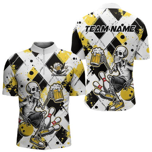 Custom Yellow Argyle Pattern Funny Skeleton Bowling And Beer Men Quarter-Zip Shirts, Team Outfit IPHW8892