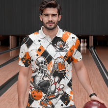 Load image into Gallery viewer, Custom Orange Argyle Pattern Funny Skeleton Bowling And Beer Men Polo Shirts, Team Outfit IPHW8893