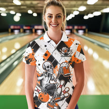 Load image into Gallery viewer, Custom Orange Argyle Pattern Funny Skeleton Bowling And Beer Women Polo Shirts, Team Outfit IPHW8893