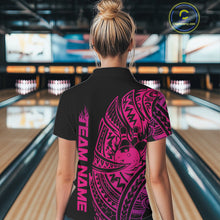 Load image into Gallery viewer, Back view of a female model in a black and pink bowling polo shirt displaying bold tribal swirl bowling artwork.