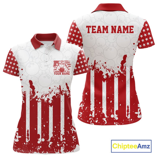 Red and white polo shirt with American flag design, customizable text, and Chiptee Amz branding.