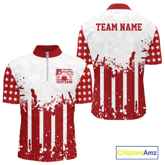 Custom Red American Flag Patriotic Bowling Jersey showing front and back design layout