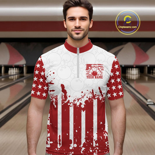 Custom Red American Flag Patriotic Bowling Men Quarter-Zip Shirt front view