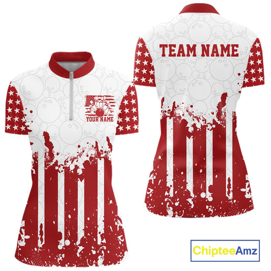 Front and back design of a women's short sleeve patriotic US flag jersey bowling shirt in white and red.