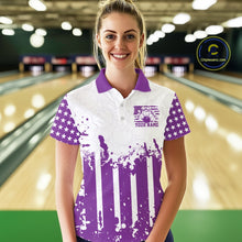 Load image into Gallery viewer, Female bowler posing on a lane wearing a personalized purple US flag performance bowling polo team shirt.