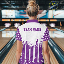 Load image into Gallery viewer, Female model showcasing the back design of a custom purple and white patriotic stars and stripes women's bowling polo shirt with a customizable "TEAM NAME" text template inside a bowling alley.
