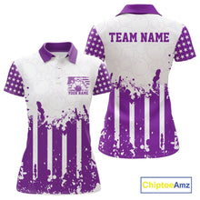 Load image into Gallery viewer, Customizable white and purple patriotic women's bowling polo shirts showing the front and back views with a distressed American flag and a "TEAM NAME" text template on a white background.