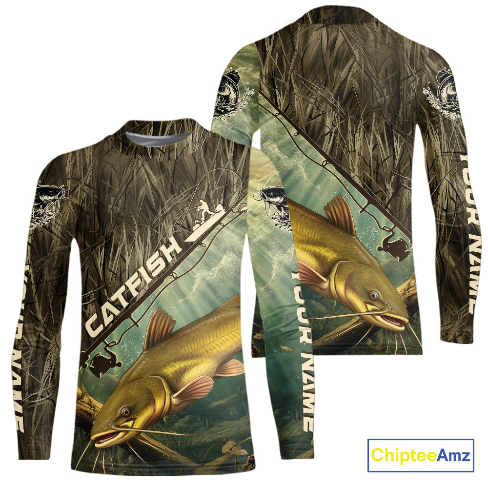 Grass Camo Custom Catfish Fishing Kid Long Sleeve Tournament UV Protection Fishing Shirts IPHW9348