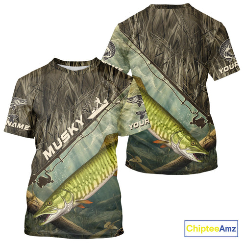 Grass Camo Custom Musky Fishing Tournament UV Protection Fishing T-Shirts IPHW9350