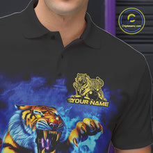Load image into Gallery viewer, Custom Blue Fire Flame Tiger Bowling Team Polo Shirts For Men, Tiger Bowling Jerseys IPHW9480