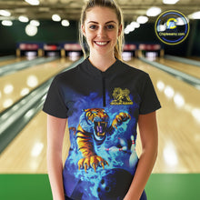 Load image into Gallery viewer, Custom Blue Fire Flame Tiger Bowling Team Women Quarter-Zip Shirts, Tiger Bowling Jerseys IPHW9480