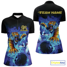 Load image into Gallery viewer, Custom Blue Fire Flame Tiger Bowling Team Women Quarter-Zip Shirts, Tiger Bowling Jerseys IPHW9480