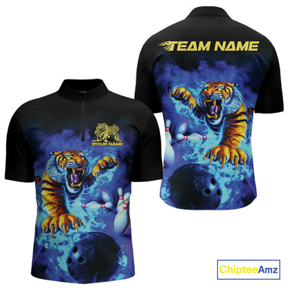 Custom Blue Fire Flame Tiger Bowling Team Quarter-Zip Shirts For Men, Tiger Bowling Jerseys IPHW9480