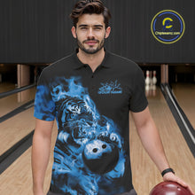 Load image into Gallery viewer, Custom Blue Fire Flame Tiger Bowling Jerseys, Bowling Team Men Polo Shirts IPHW9487