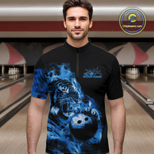 Load image into Gallery viewer, Custom Blue Fire Flame Tiger Bowling Jerseys, Bowling Team Men Quarter-Zip Shirts IPHW9487