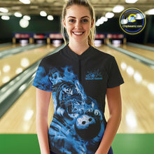 Load image into Gallery viewer, Custom Blue Fire Flame Tiger Bowling Jerseys, Bowling Team Women Quarter-Zip Shirts IPHW9487