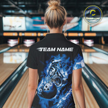 Load image into Gallery viewer, Custom Blue Fire Flame Tiger Bowling Jerseys, Bowling Team Women Quarter-Zip Shirts IPHW9487