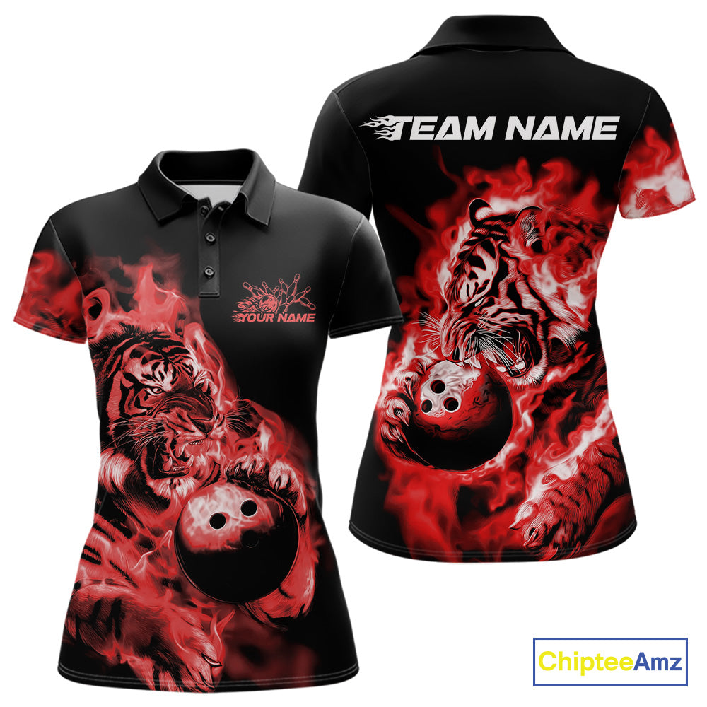 Custom Red Fire Flame Tiger Bowling Jerseys, Bowling Team Women Polo Shirts IPHW9488