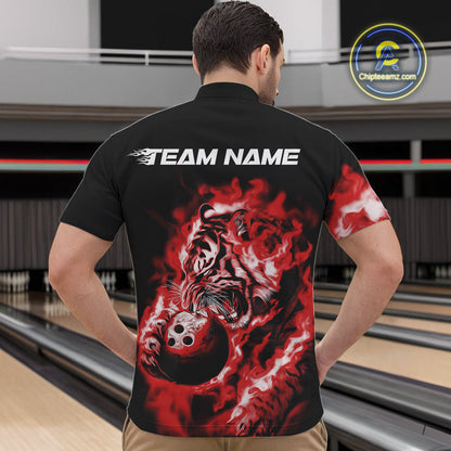 Custom Red Fire Flame Tiger Bowling Jerseys, Bowling Team Men Quarter-Zip Shirts IPHW9488
