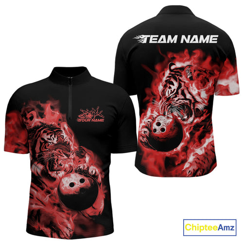 Custom Red Fire Flame Tiger Bowling Jerseys, Bowling Team Men Quarter-Zip Shirts IPHW9488