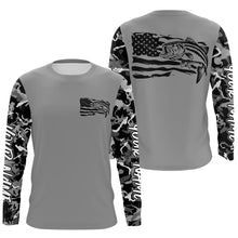 Load image into Gallery viewer, Gray Camo Us Flag Striped Bass Custom Patrotic Long Sleeve Fishing Shirt, Striper Fishing Jersey IPHW7964