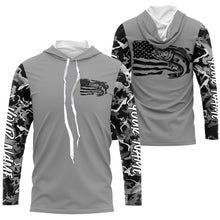 Load image into Gallery viewer, Gray Camo Us Flag Largemouth Bass Custom Patrotic Long Sleeve Fishing Shirt, Bass Fishing Jersey IPHW7965